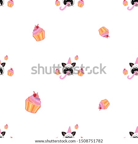Seamless background with lively. Hand drawn dogs set. The head of a cute pug in a festive cap and a pipe near bright pastries, abstraction on a white background. Funny print with puppies for printing,