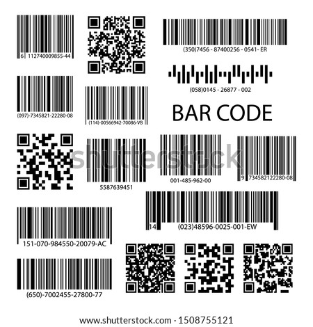 QR codes and barcode labels. Industrial barcode labels. Barcode label for scan, bar code sticker, vector illustration.