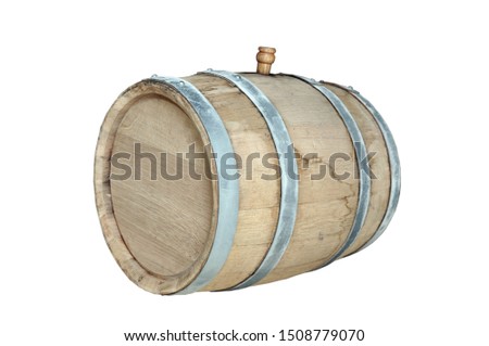 New oak barrel with young wine. Isolate on a white background. Winemaking and home brewing