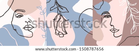 Set of Woman's Face continuous Line art. Abstract Contemporary collage of geometric shapes in a modern trendy style. Vector Portrait of a female. For Beauty Concept, t-Shirt Print, postcard, poster Royalty-Free Stock Photo #1508787656