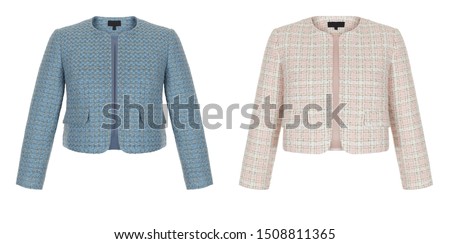 Luxurious trendy woolen classic sequined checkered female jacket with long sleeves, blue and pink clipping, ghost mannequin isolated on white background 