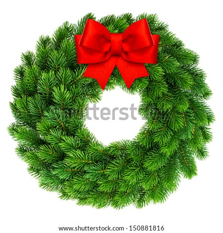 christmas wreath with red ribbon bow decoration isolated on white background