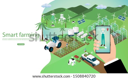 Modern agriculture technology. Smart farming concept. Hand holding smartphone, Human with  wireless remote control. Artificial intelligence working on farm. Vector illustration in isometric design. Royalty-Free Stock Photo #1508840720