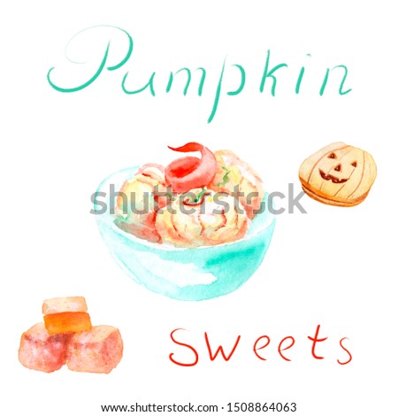 Watercolor drawing pumpkin dishes - sweets,ice cream, marmalade, cookies.