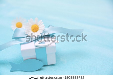 Gift Box with flower and fish decoration - Confirmation and Communion Greeting Card with Religious Symbols