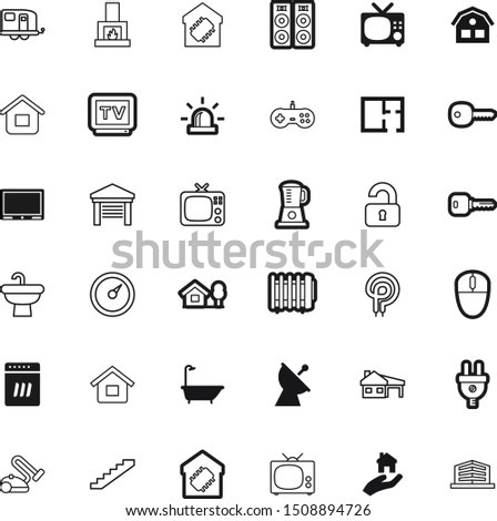 home vector icon set such as: padlock, encryption, nobody, loudspeaker, cleaner, mortgage, care, firepit, shopping, light, board, icons, emergency, click, radio, sketch, trailers, speaker, glowing