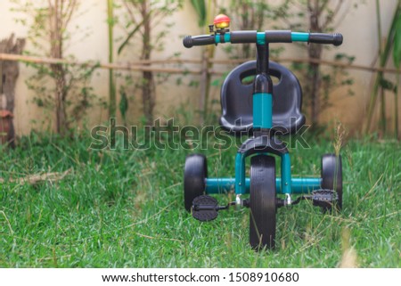 blue Black Baby Balance Bike. Children's 3 Wheeled Sliding Vehicle. Modern Kids Three Wheels Tricycle Bicycle Side View. Cycling Toddler Training Trike Bike. Infant Walker Scooter  Royalty-Free Stock Photo #1508910680