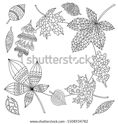 Abstract autumn leaves frame with patterns, coloring page for kids and adults