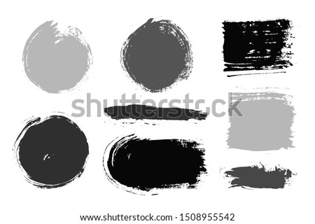 Brush strokes. Vector paintbrush set. Grunge design elements. Round text boxes or speech bubbles. Dirty distress texture banners. Ink splatters. Grungy painted banners. Square and long shapes.