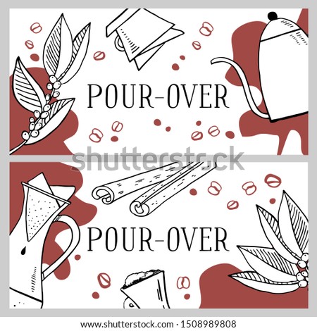 Alternative coffee brewing methods banner design templates. Pour-over brewed drinks. Hand drawn vector outline illustration. Black and brown on white background