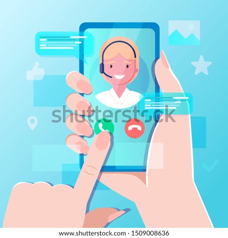 Hand holding smartphone with personal assistant service app. Advice supporting feedback, hotline talk chat. customer support call center and online advice service. online supporter agent