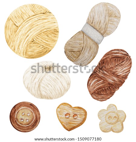 Watercolor Clip Art Hobby Knitting and Crocheting , Wool Yarn Cute Clipart Set. Collection of hand drawn balls of yarn for knitting