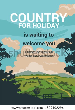 Retro style travel poster. Beautiful summer counryside landscape view.