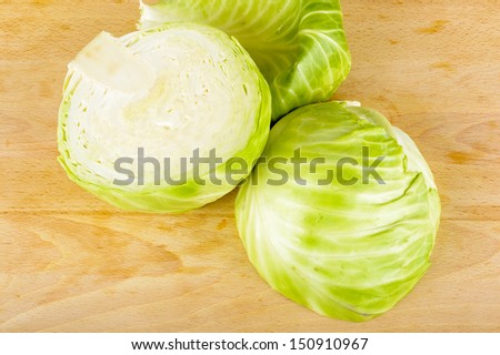 Cabbage on wooden cutting board.