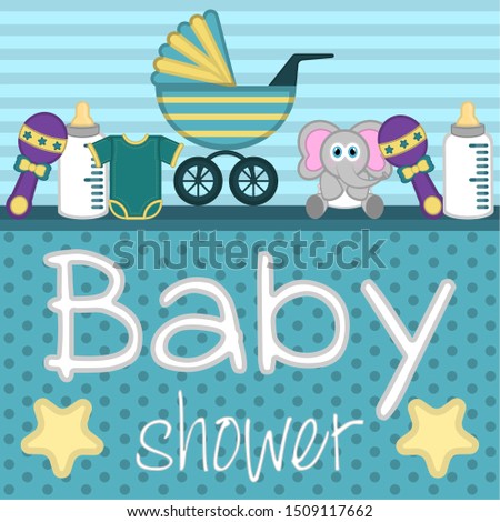 Baby shower card. Baby singlet, carriage, bottle milk and toys - Vector