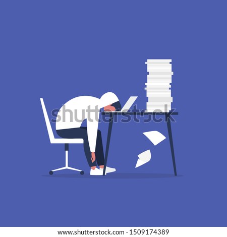 Professional burnout. Young exhausted male manager sitting at the office. Long working day. Millennials at work. Flat editable vector illustration, clip art