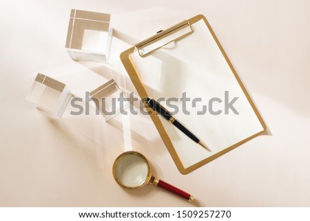 White Desktop. Mock up product view table gold accessories. stationery supplies. glamour style. Gold stapler