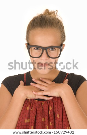 Girl with trendy black glasses hands folded