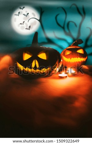 Jack-O-Lantern lamps from pumpkins. Halloween background.