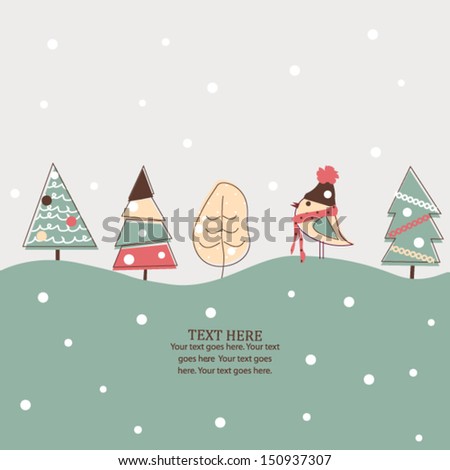 Christmas and New Year card with bird and trees, holiday illustration