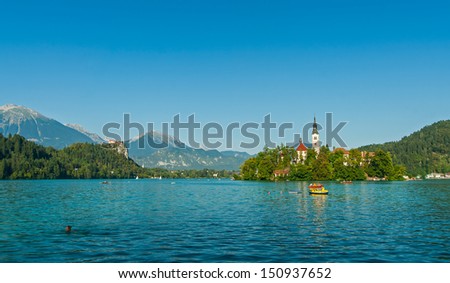 Lake Bled with church and Bled castle, Slovenia