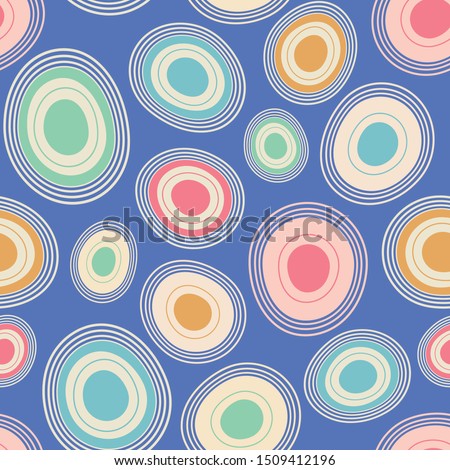Seamless repeat tossed pattern of hand drawn colourful circles. Vector hand drawn round shapes with lines.