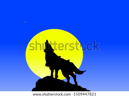 A drawing picture of Halloween theme of The fox is howling on the top of mountain with night blue background and the Moon.
 