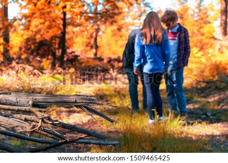 Family trip to the autumn forest. Having fun together in the woods. Mother with children walking in the colorful woods. 