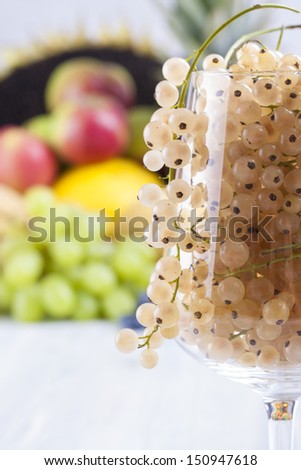 Close up photo of edible fruits - a white currant in the wine glass with other full colors fruits in the background on a solid  bright blue wooden table