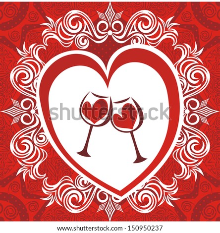 Glasses wine love heart romantic valentines day card illustration