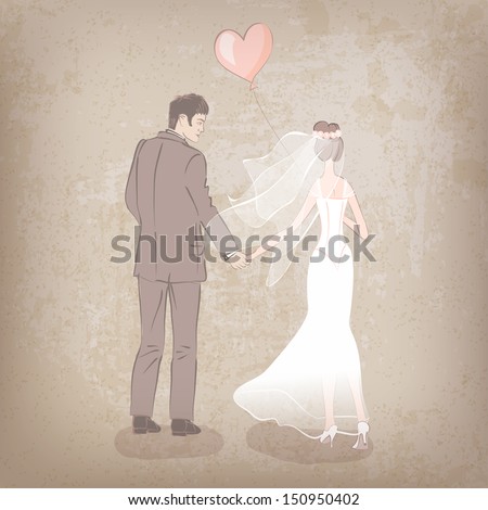 bride and groom with balloon on grungy background - vector illustration
