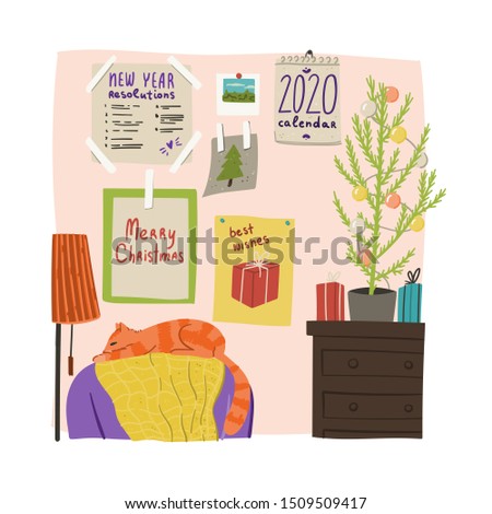 New Year room decoration with fir tree, greeting cards, cute cat, New Year resolutions and calendar. Cozy home hand drawn doodle style concept for greeting card or poster, banner. Stock vector