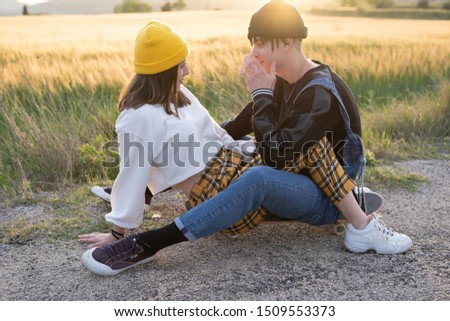 Portrait of a young couple happy millennial casual and modern dress. People of urban style