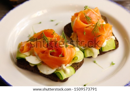 Sandwiches with salmon and egg  on a plate