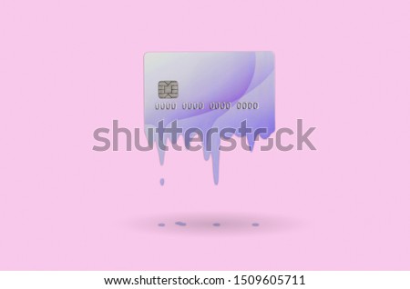 Card expires soon concept shows liquid credit card that is dissolving down by melting. Surreal style image. Pastel pink background color