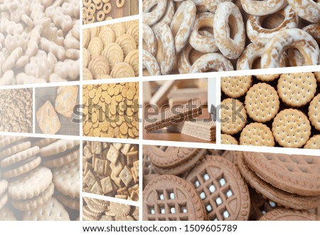 A collage of many pictures with various sweets close-up. A set of images with varieties of biscuits, bagels and candies