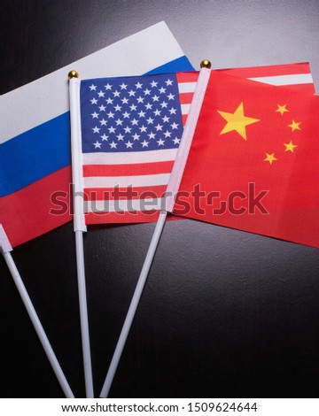 International flags of the United States of America Russia,China.