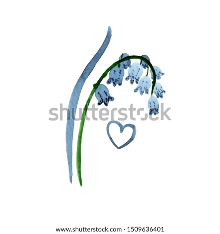 Watercolor flower with heart on white backdrop. Isolated beautiful stylization of blue lily of the valley. Hand drawn illustration