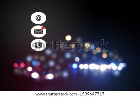 Symbol icon telephone email address Contact method On the bokeh blur background at night.