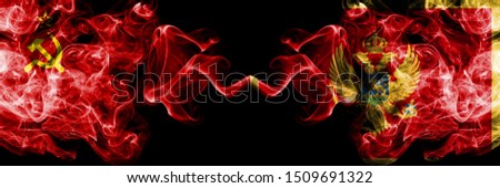 Communist vs Montenegro, Montenegrin abstract smoky mystic flags placed side by side. Thick colored silky smoke flags of Communism and Montenegro, Montenegrin
