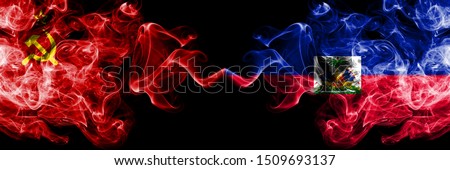 Communist vs Haiti, Haitian abstract smoky mystic flags placed side by side. Thick colored silky smoke flags of Communism and Haiti, Haitian