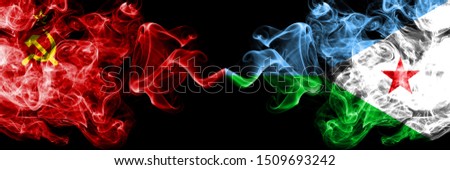 Communist vs Djibouti abstract smoky mystic flags placed side by side. Thick colored silky smoke flags of Communism and Djibouti