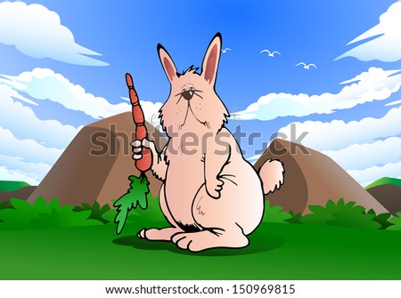 illustration of a cute bunny rabbit hold carrot on nature background