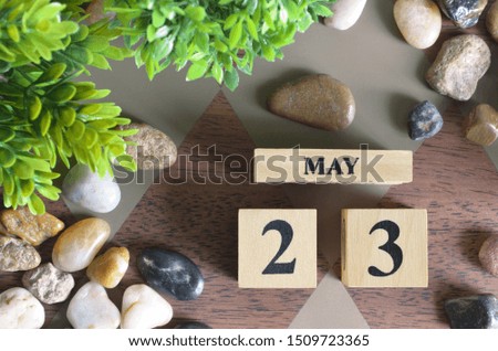 Number cube design with stone, plant on diamon wood background, May month, Date 23.