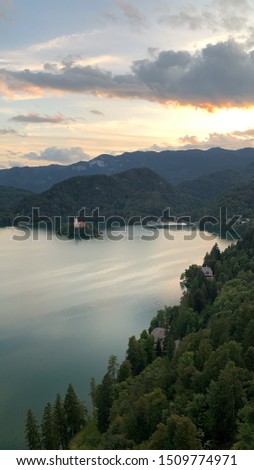 Bled lake in summer evening, view from castle, Slovenia. No filter and no post-production