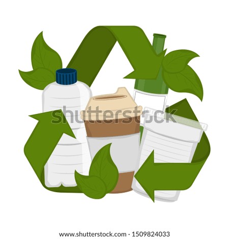 Water bottle and paper glasses in a recycling symbol with leaves - Vector
