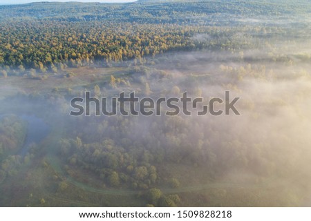 Aerial photography from the drone. Winding river and road in the forest in the morning fog.