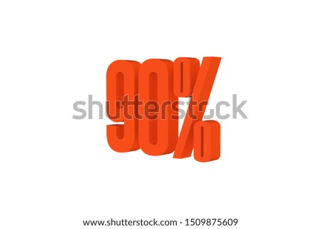 90 percent three-dimensional text in orange color isolated on white color background, 3d illustration.