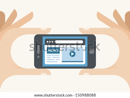 Human hands holding mobile phone with News internet site in the browser window