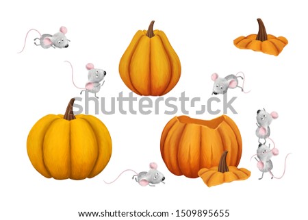 Tiny gray mouses and pumpkins, nice positive illustration, clip art set, scrapbooking graphic white isolated